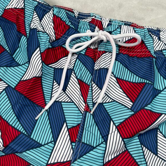 Shark Triangle Print Swim Trunks Men 2XL 44-46 Above The Knee 6" Inseam Blue Red - Picture 2 of 11